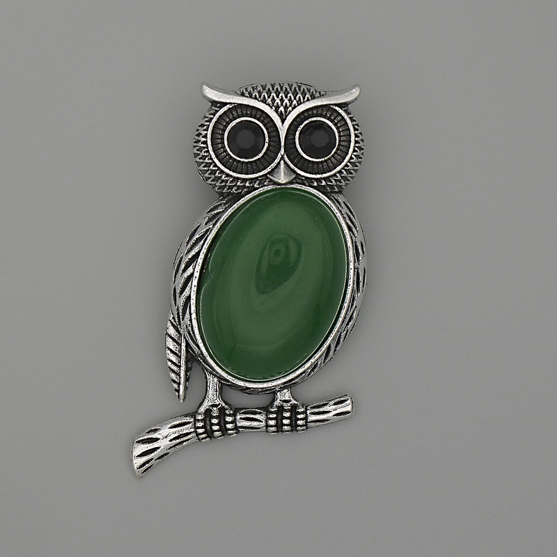 Brožka-přívěšek Sova z chrysoprasu 45×25 mm ± černé štrasové kamínky, stříbrný kov