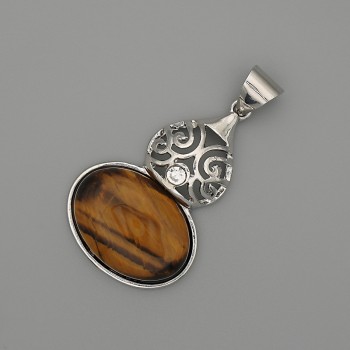 Přívěsek s kabošónem z tygřího oka 50×28 mm ± stříbrný kov