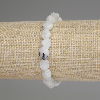 Náramek z adularu s broušenými korálkami, průměr 10–18×5–6 mm ±, korálky 3 mm ±, délka 18 cm ±, na pružence