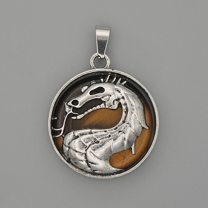 Přívěšek Drak v kruhu z tygřího oka, průměr 28 mm ±, délka 38 mm ±, stříbrný kov