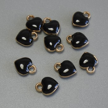 Přívěšek ve tvaru srdce, černý smalt, zlatý kov, průměr 6×8 mm, balení 10 ks