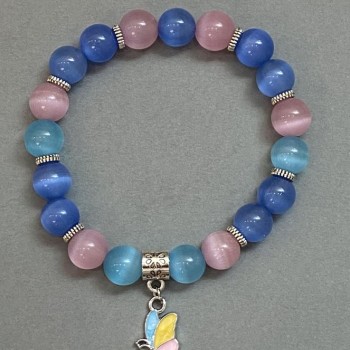 Náramek z kamene kočičího oka, hladké kuličky 9–10 mm, s kovovými vložkami, délka 18 cm, elastický