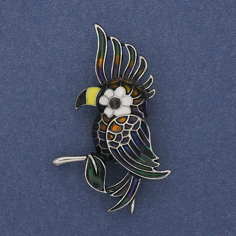 Brož Papoušek, barevná smaltovaná na stříbrném kovu 51×31 mm+