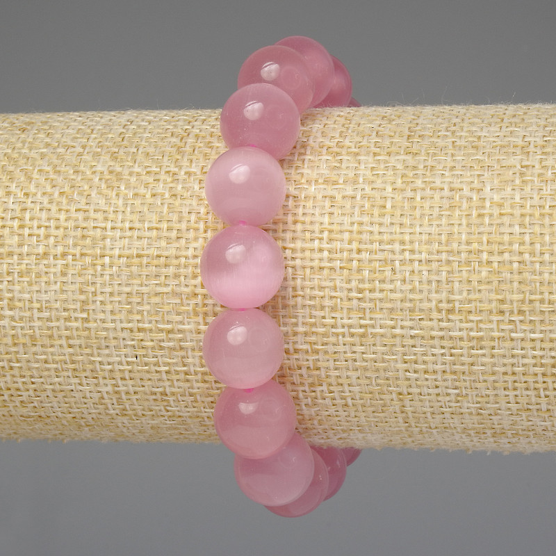 Náramek z růžového kočičího oka – hladké kuličky 12 mm, délka 18 cm, elastický