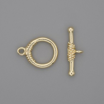 Zápínání toggle, zlatavé barvy kovu, průměr 23×3,5 mm ±, průměr 14 mm ±, průměr otvoru 10 mm ±