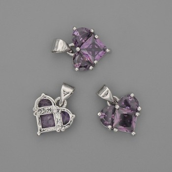 Přívěšek srdce s fialovými krystaly 12×12 mm, délka ±17 mm, stříbrný kov