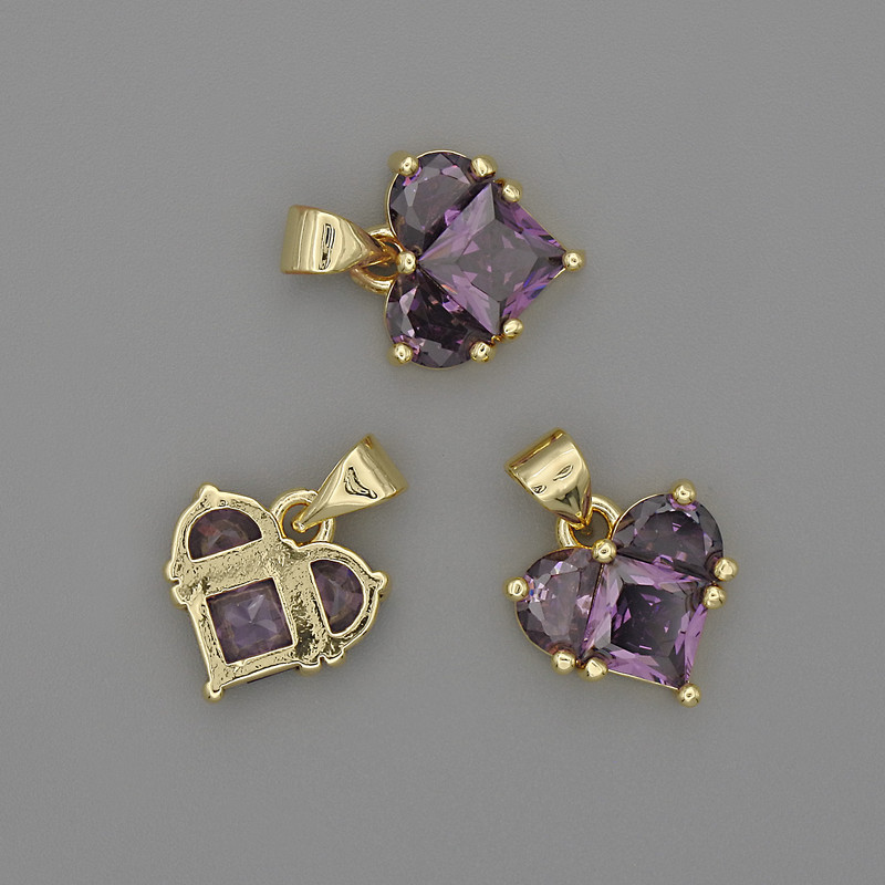 Přívěsek srdce s fialovými krystaly 12×12 mm, délka cca 17 mm, zlatý kov