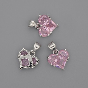 Přívěšek srdce s růžovými krystaly 12×12 mm ±, délka 17 mm ±, stříbřitý kov