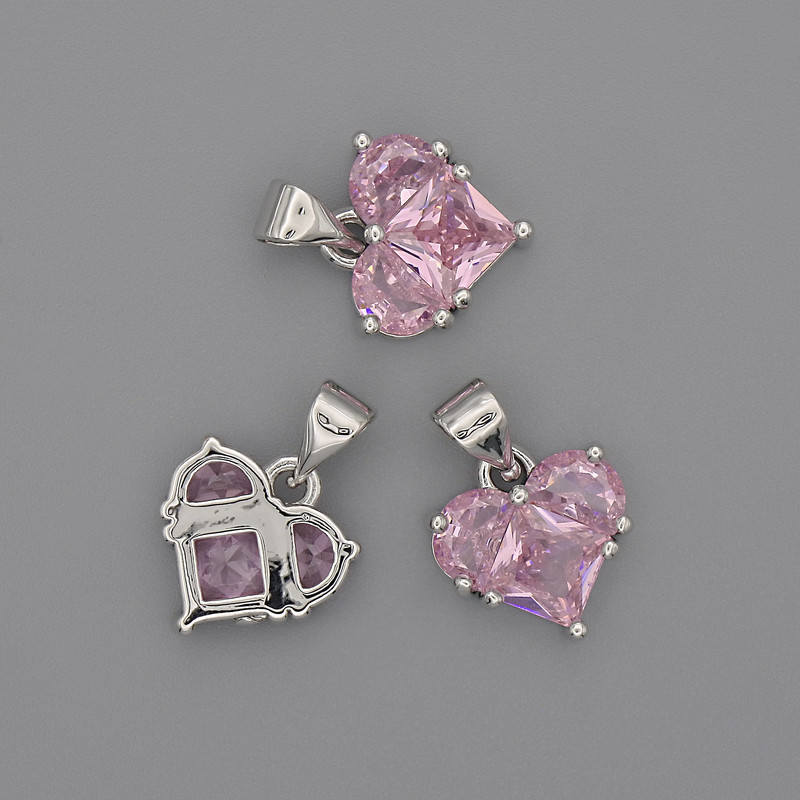 Přívěšek srdce s růžovými krystaly 12×12 mm ±, délka 17 mm ±, stříbřitý kov