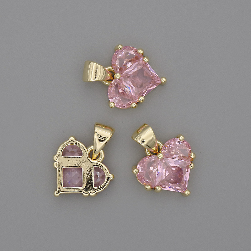 Přívěšek ve tvaru srdce s růžovými krystaly 12×12 mm +/- délka 17 mm +/- zlatý kov