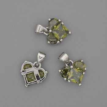 Přívěšek Srdce se zelenými krystaly, 12 × 12 mm, délka 17 mm, stříbrný kov
