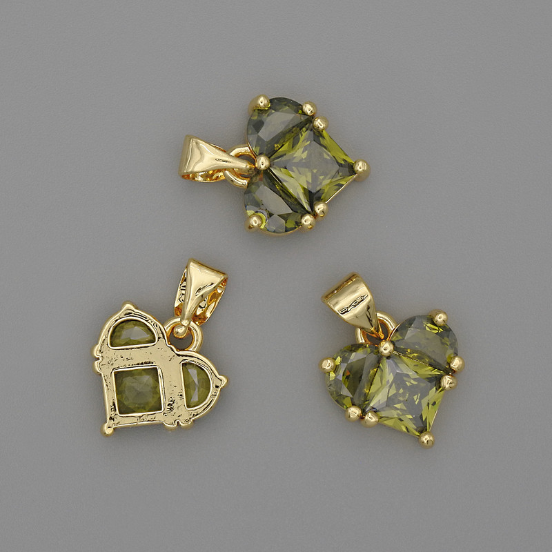 Přívěšek «Srdce» se zelenými krystaly, 12×12 mm, délka 17 mm, zlatý kov