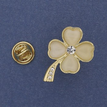 Brož Čtyřlístek s kočičím okem a štrasovými kamínky v zlatém kovu 19×30 mm+