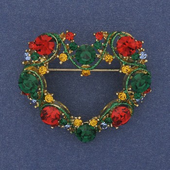 Brožka-přívěšek Srdce s emailem a štrasami, zlatistý kov, 40×35 mm+