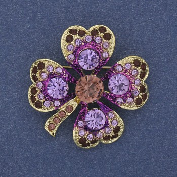 Brožka s přívěskem Jetel s fialovými štrasami, zlatistý kov, průměr 35 mm +