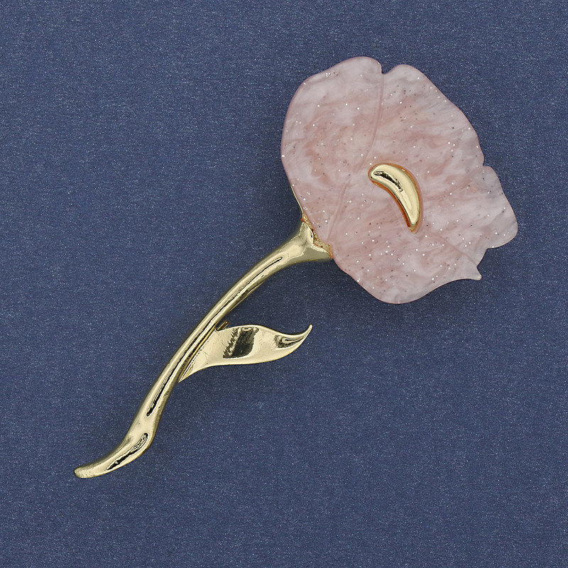 Brož květ maku, růžový perleťový, 63×32 mm, zlatistý kov