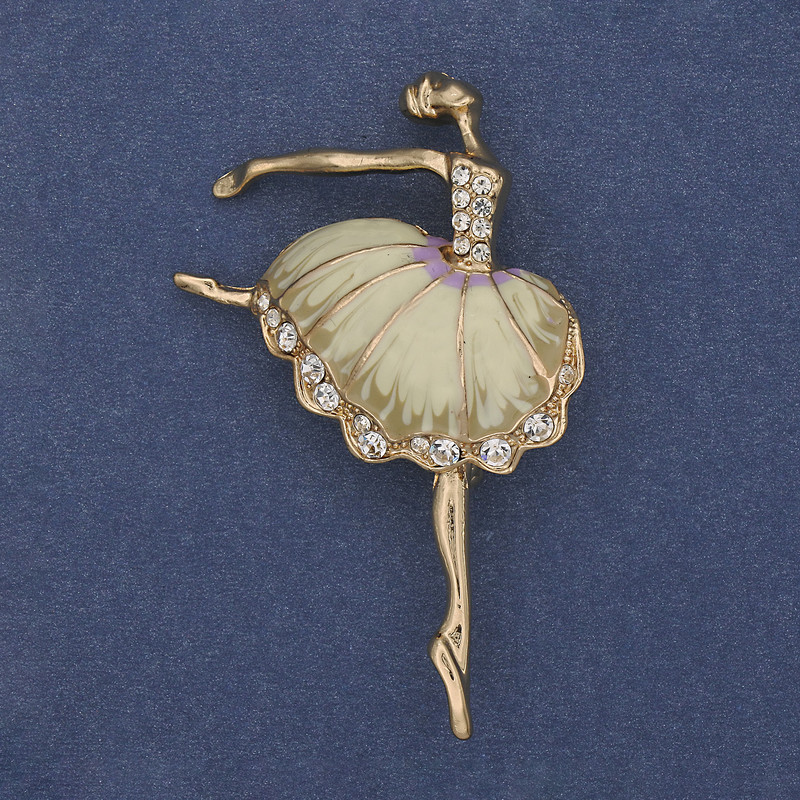 Brož Baletka béžový smalt, bílé krystaly, zlatý kov, 35×56 mm