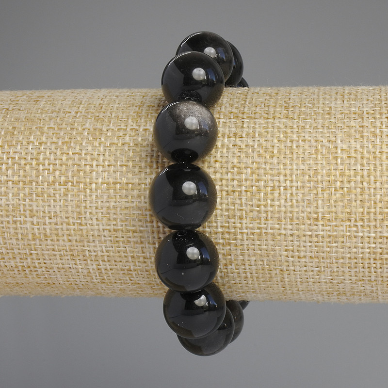 Náramek z přírodního obsidiánu, stříbrný, hladká kulička, průměr 14 mm, délka 18 cm +