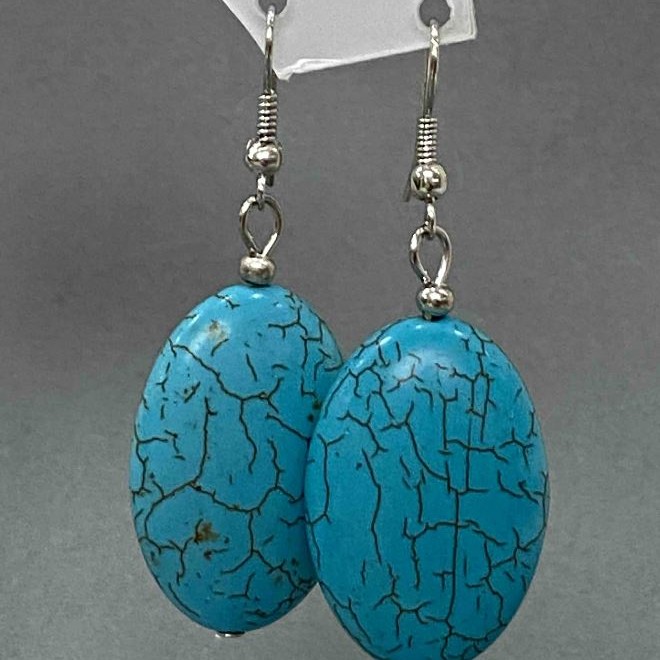 Náušnice visací s oválnými hladkými cabochony v tyrkysové barvě, 21×55 mm+