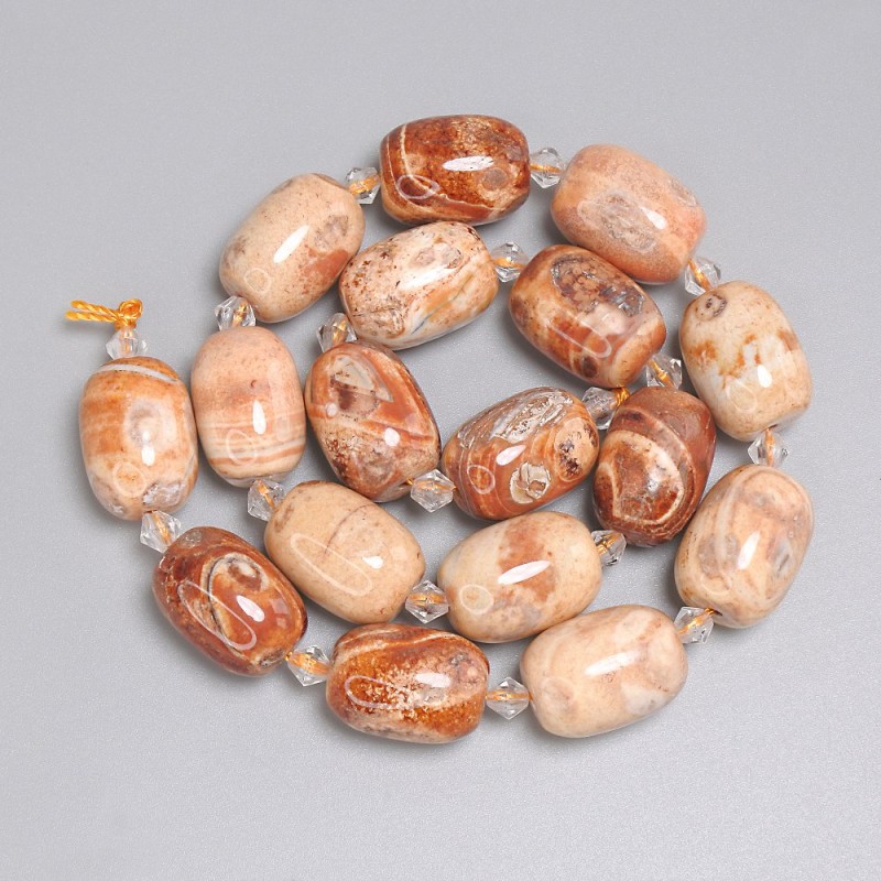 Barilové korálky z pouštního jaspisu, rozměry 18×13 mm ±, 5 mm korálky ±, délka 37 cm ±, na niti