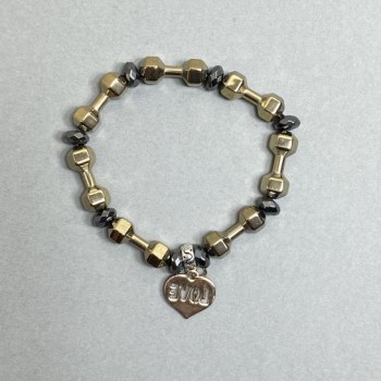 Náramek z hematitu ve tvaru činky, 20×7 mm ±, broušené rondely 8×4 mm ±, délka 18 cm, elastický