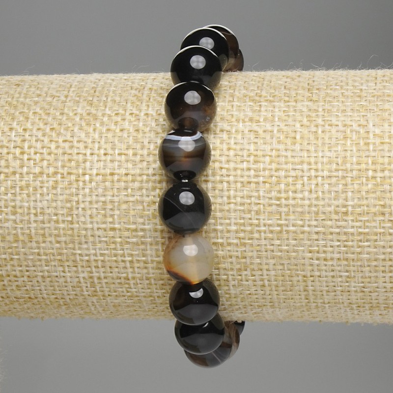 Náramek z achátu, hladké kuličky o průměru 10 mm, délka 18 cm, pružná guma