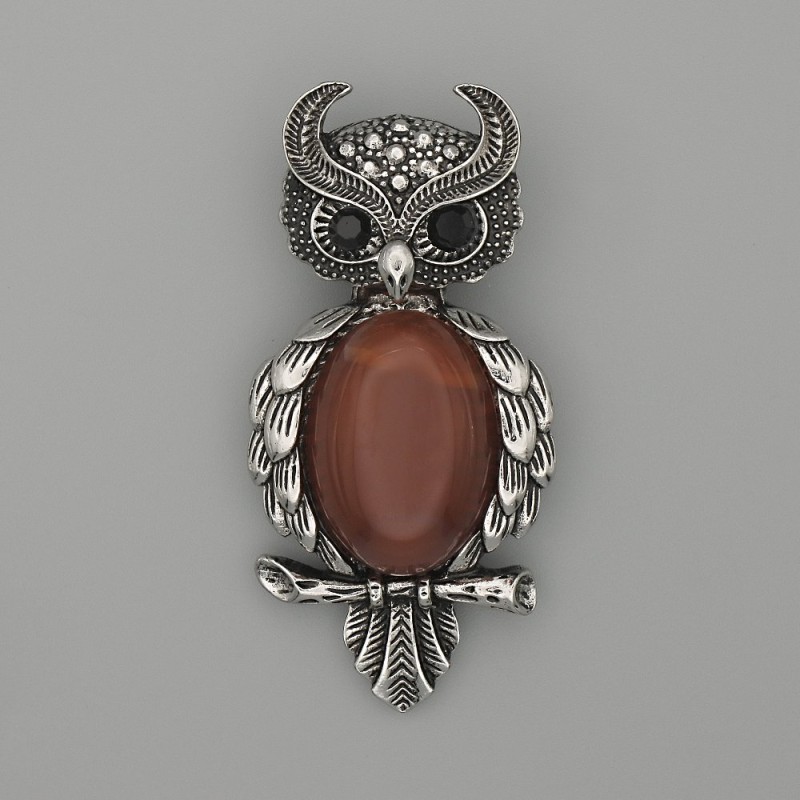 Brož-kulon Sova z karneolu 60 × 29 mm ± černé štrasové kameny, stříbrný kov