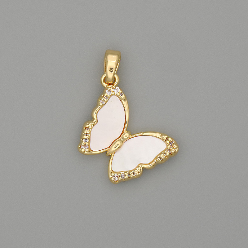 Přívěšek – Motýl, perleťový, zlatistý kov, štrasy, rozměr 23×17 mm+