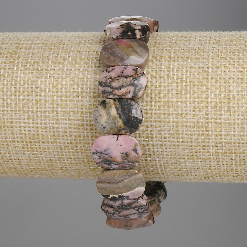 Náramek z rhodonitu, broušené články 15 × 10 mm, délka 18 cm, elastický