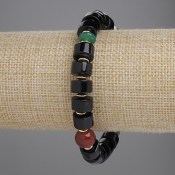 Náramek z achátu – válcové korálky o průměru 10×6 mm, rondel 8×4 mm a kulička 10 mm – s kovovými vložkami, délka 18 cm ±, na elastické šňůře
