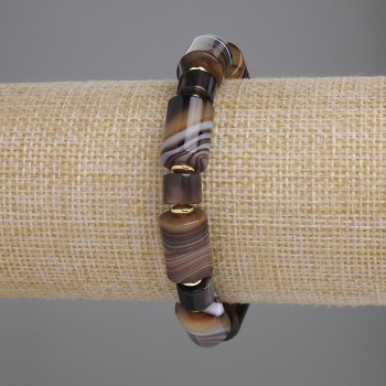 Náramek z achátu cylindrického tvaru, průměr 14×10 mm ±, 8,5×6 mm ±, s kovovými vložkami, délka 18 cm ±, elastický