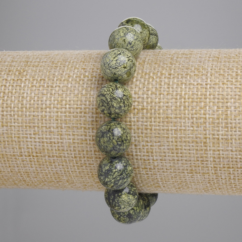 Náramek ze serpentinitu s hladkými kuličkami, průměr 12 mm ±, délka 18 cm ±, elastický