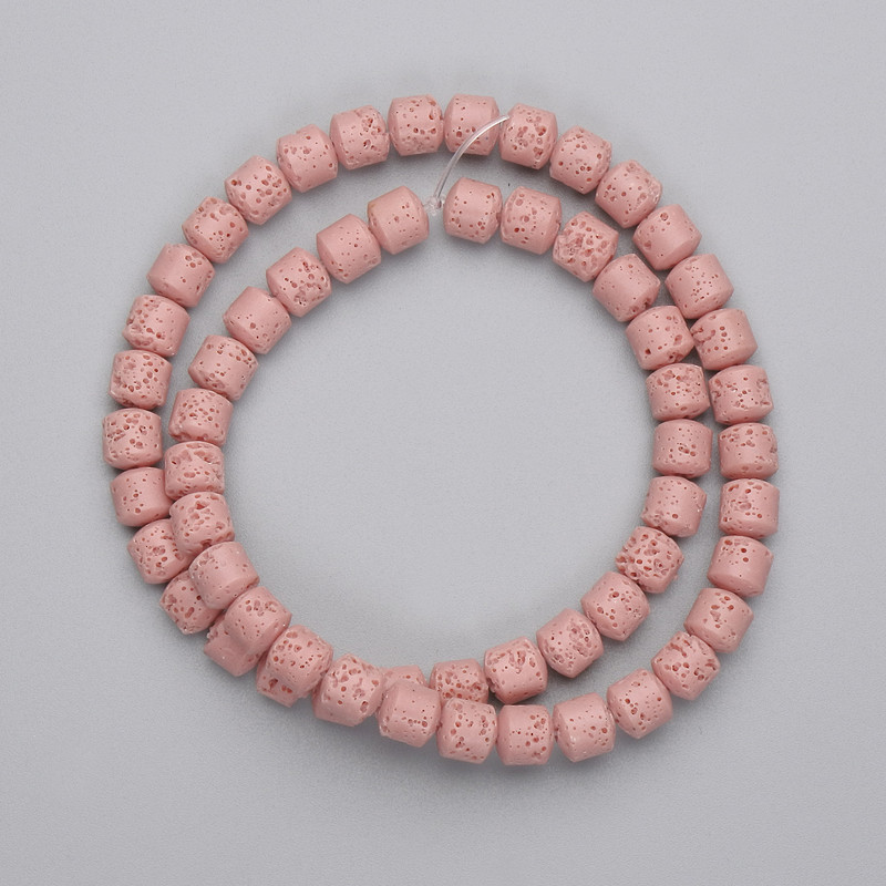 Růžové lávové korálky válcovité, průměr 6×6 mm, na šňůrce, délka 38 cm