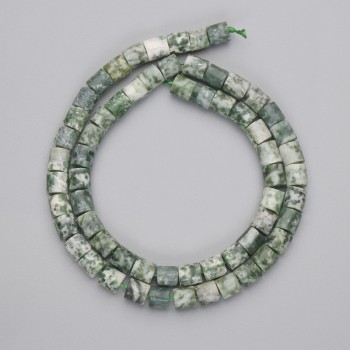 Korálky mechový achát cylindrové, průměr 6×6 mm ±, délka 38 cm ± na niti