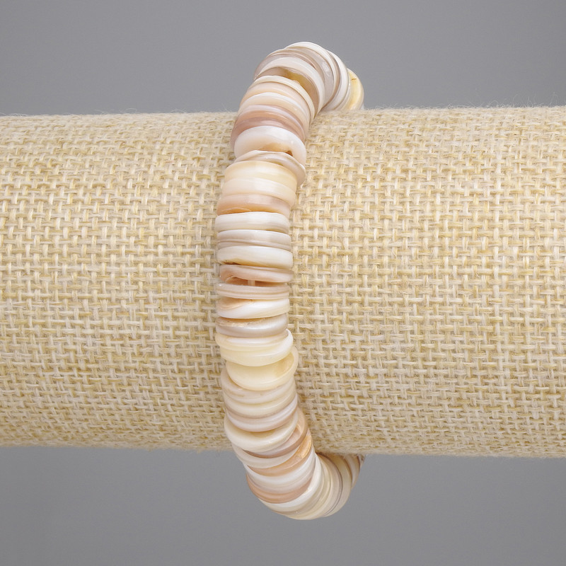 Náramek z mušlí Skafarka, rondel, průměr 10×2 mm, délka cca 18 cm, elastický