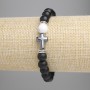 Náramek ze šungitu – hladká korálka 8 mm, chalcedonová korálka 8 mm, hematitový kříž 14×10 mm, délka 18 cm, elastická šňůra