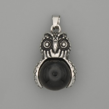 Přívěsek Sova, černý achát, stříbrný kov, rozměr 30×20 mm, délka 37 mm