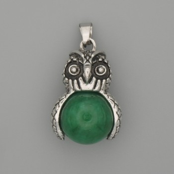 Přívěšek Sova z chryzoprasu, stříbrný kov, průměr 30×20 mm, délka 37 mm+