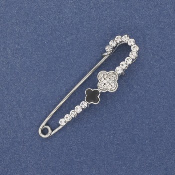 Brožka-špendlík se jetelem, bílé krystaly, 58×15 mm, ± stříbrný kov