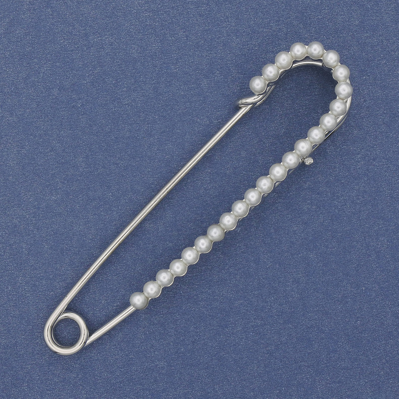 Brož špendlík s bílými perlami 70×16 mm ± stříbrný kov
