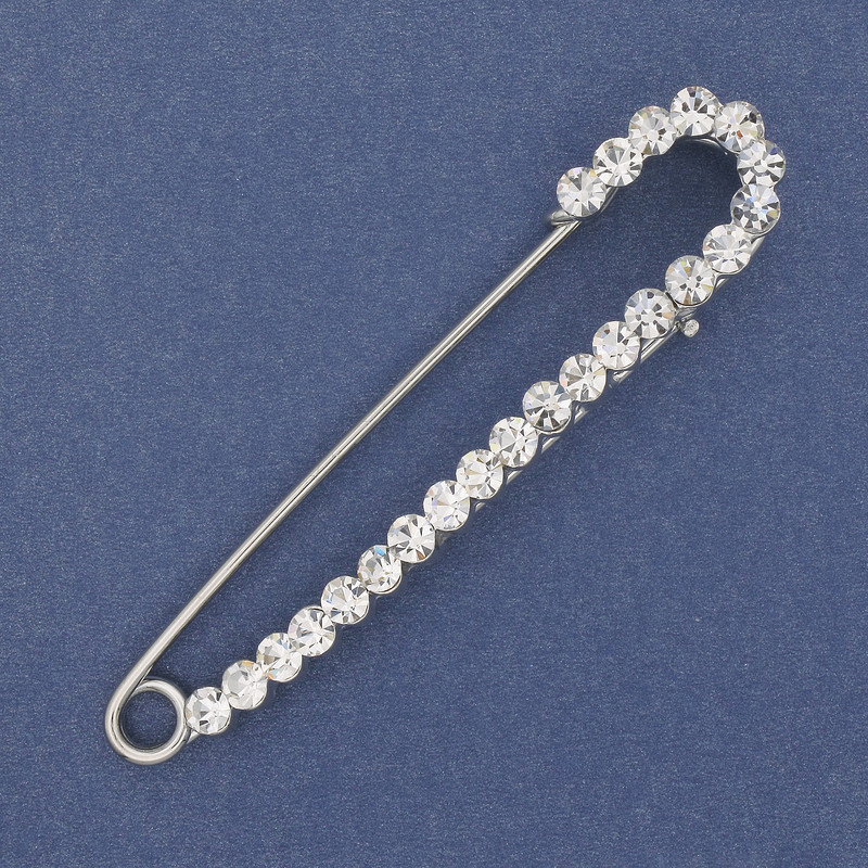Brož-špendlík s bílými křišťály 75×16 mm ± stříbrný kov