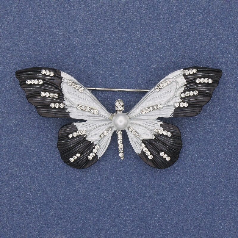 Brož Motýl s bílými štrasami, smaltovaný, stříbrný kov, 60×35 mm+