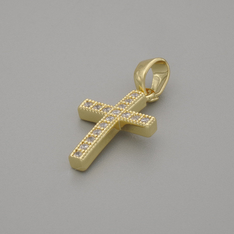 Přívěšek ve tvaru kříže s bílými štrasami, zlatistý kov, průměr 16×10 mm, délka 20 mm ±
