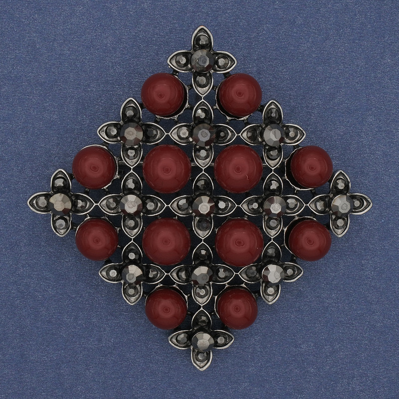 Brož-kulon Romb Turmalín, šedé štrasové kamínky, stříbrný kov, 56 mm+