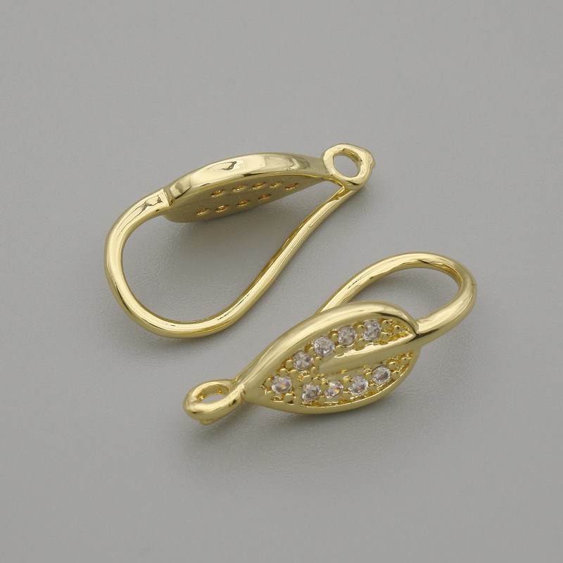 Háčky na náušnice Lístek s bílými štrasovými kamínky, zlatistý kov, 19×6 mm ± pár