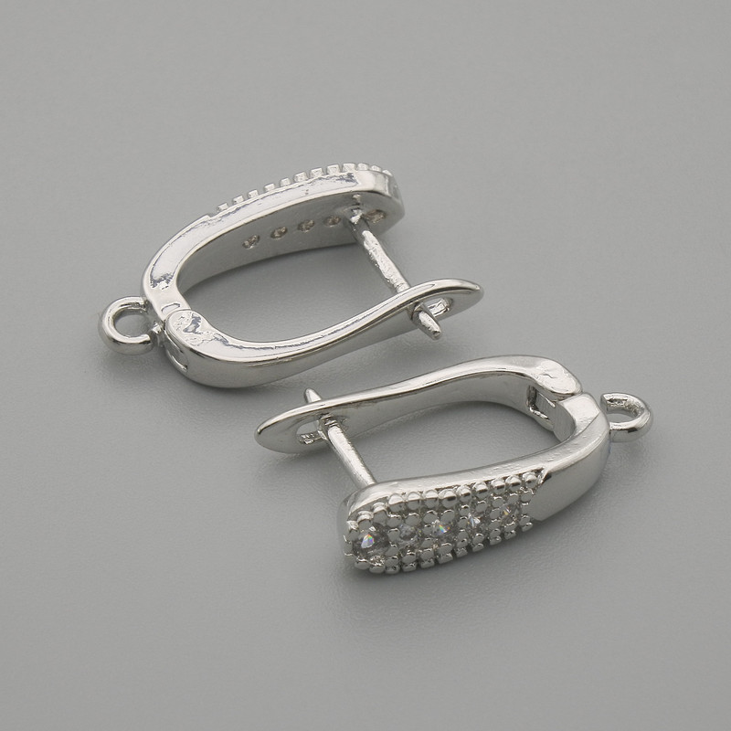 Háčky na náušnice s bílými krystaly, stříbrný kov, 15×4 mm ± pár