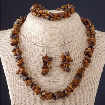 Sada Trojka z tygřího oka z přírodního kamene „kamenná drť“ náhrdelník+náušnice+náramek