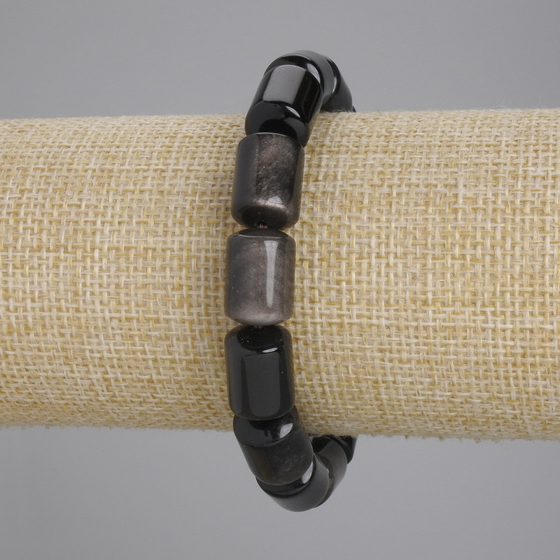 Náramek ze stříbrného obsidiánu, cylindrické korálky, průměr 14×10 mm, délka 18 cm ±, elastická šňůra
