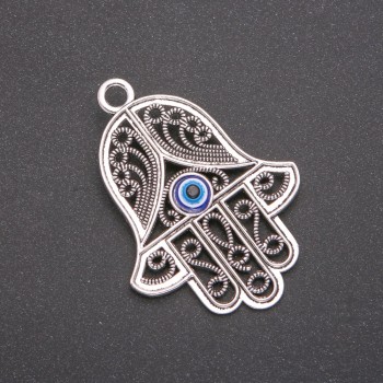 Přívěšek Hamsa s okem, stříbrná barva kovu, 65 mm (balení 2 ks)