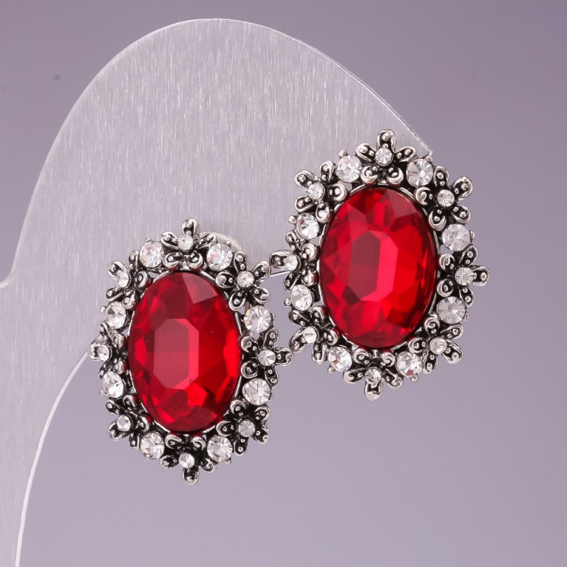 Náušnice 2, 2×1, 7 cm – sněžinka, oválné, krystaly, červené
